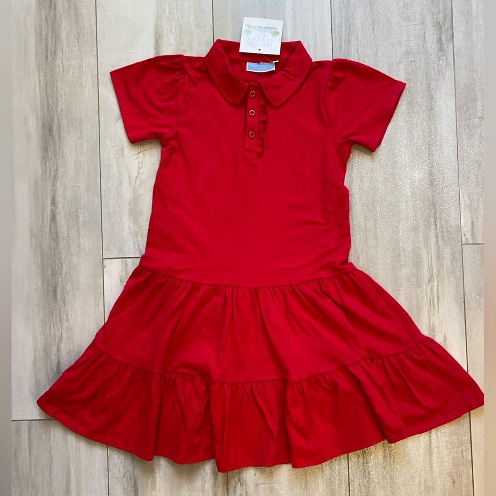 NWT Trotter Street Kids Vibrant Red Ruffled Polo Shirt Dress w/ Tiered Skirt 12y